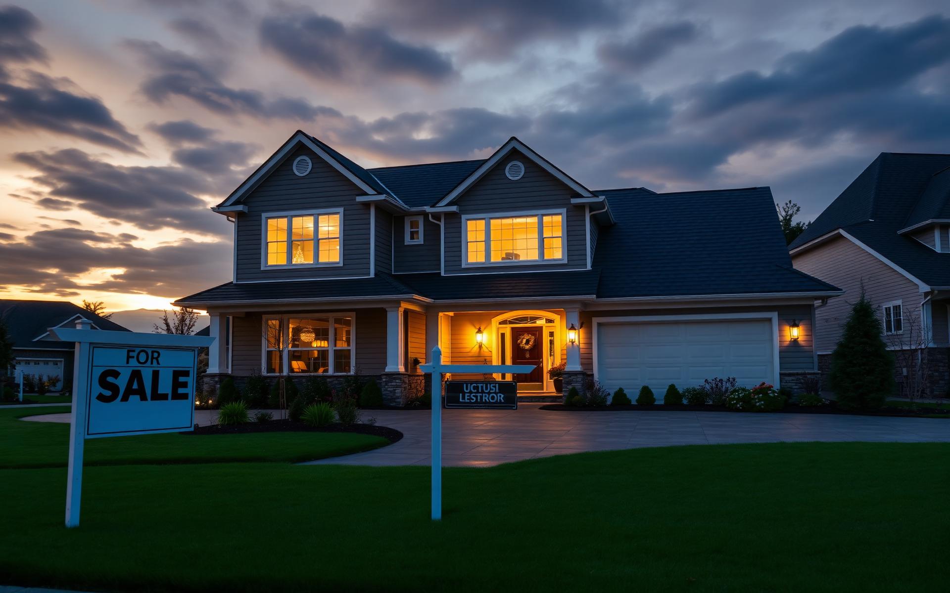 Listed home at golden hour with For Sale sign